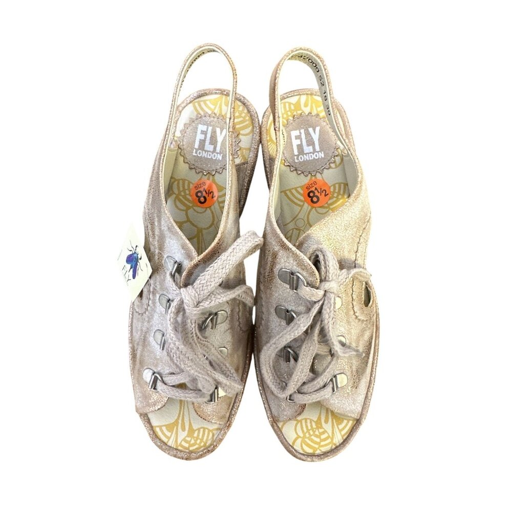 NWT Fly London Gold Metallic Slingback Wedge Shoes Size 8.5 - Picture 2 of 8